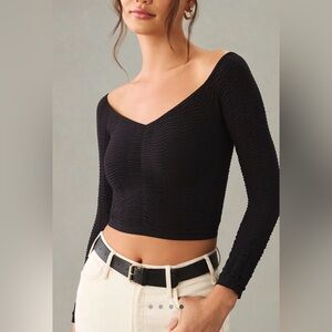 NWT Anthropologie Seamless Off The Shoulder Smocked Long Sleeve Top